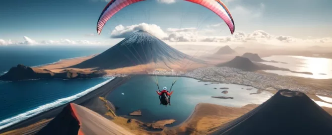 tandem paraglider over volcano and ocean coast