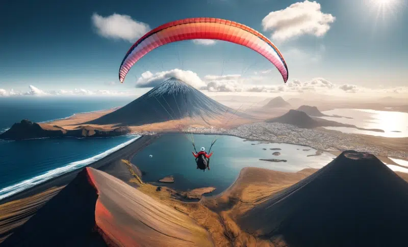 tandem paraglider over volcano and ocean coast